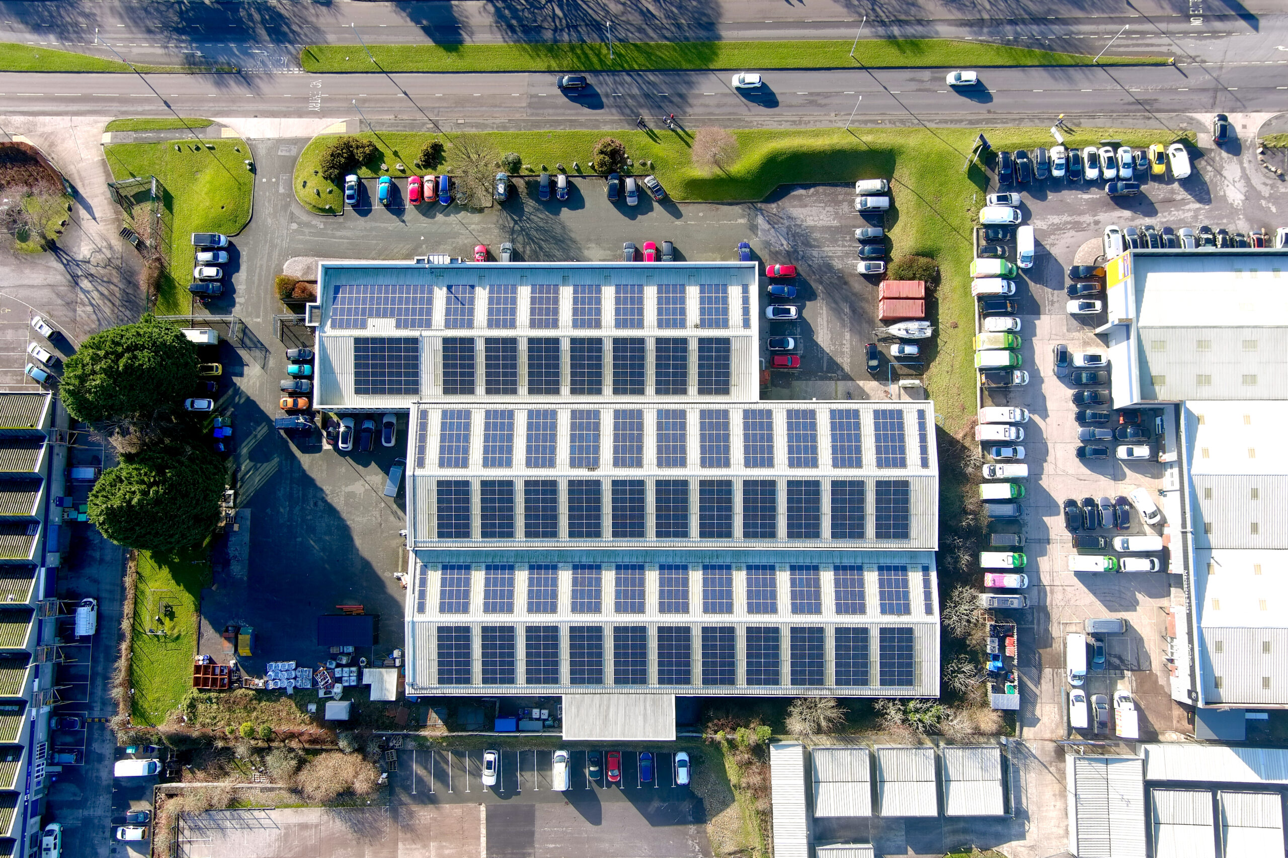 Directly above roof of Hymec Aerospace Ltd showcasing the 434 solar panel extension